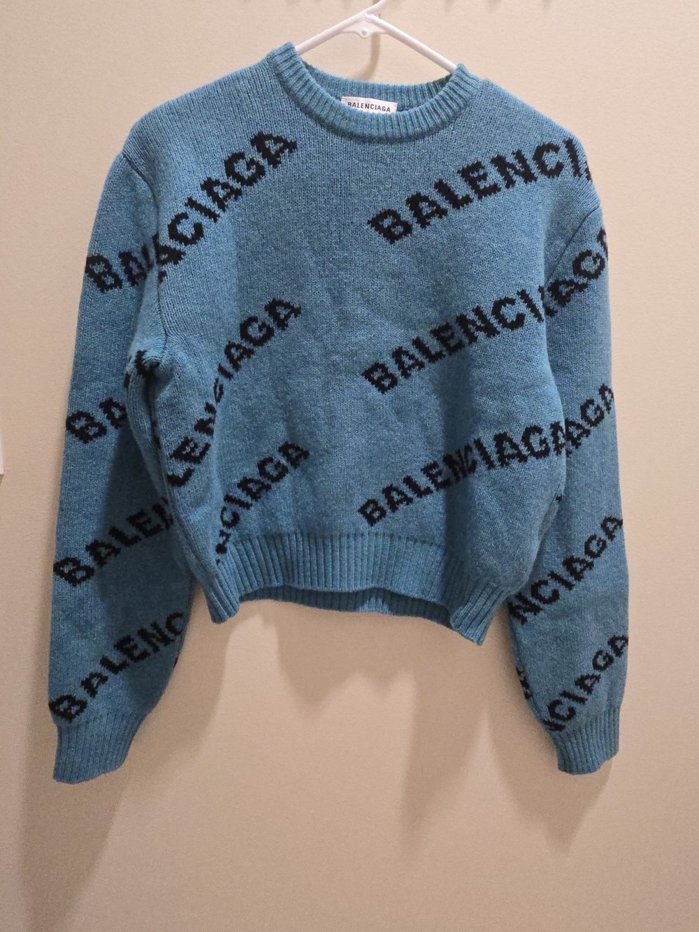 Balenciaga Women's Teal Logo Crewneck Sweater